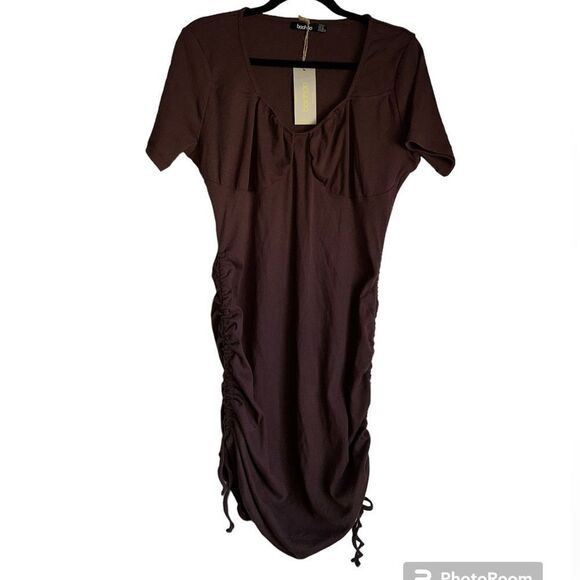 Boohoo Dresses & Skirts - BOOHOO NEW NWT SIZE 12 PREMIUM RIB RUCHED MINI DRESS chocolate brown